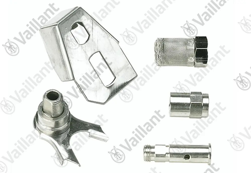 Vaillant Zündbrennerkopf-Set mit mehreren Metallkomponenten, darunter eine Düse, ein Filter und Anschlüsse, zur Verwendung in Heizsystemen.